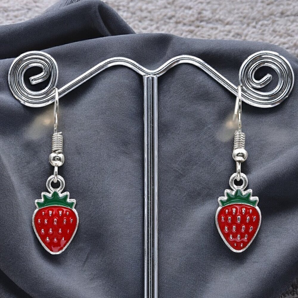 Strawberry Enamel Drop Earrings | Handmade - Picture 4 of 5